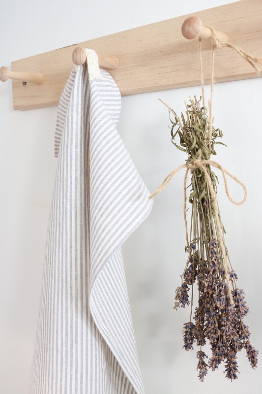 Ticking Stripe Tea Towel - finished towel with crocheted hook and lavender on peg