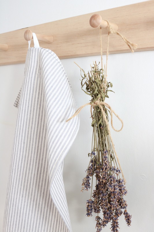 Ticking Stripe Tea Towel - finished towel with fabric hook and lavender on peg