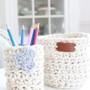 Crochet Pencil Holder - finished with pencils, flower, and basket