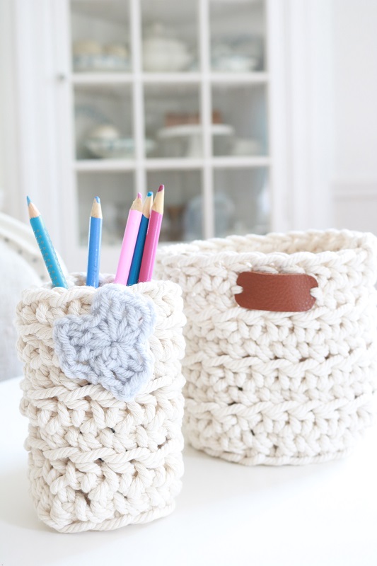 Crochet Pencil Holder - finished with pencils, flower, and basket