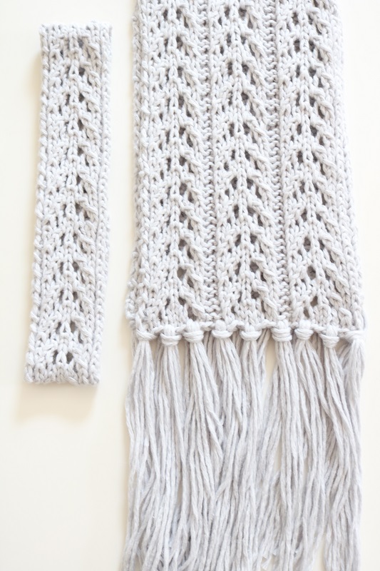 Gray Lace Scarf Knit Pattern - finished scarf and headband, lying flat