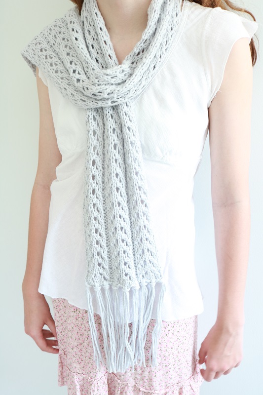 Gray Lace Scarf Knit Pattern - wearing over shoulder, full length, front