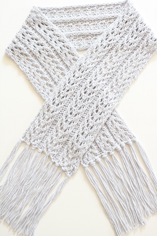Gray Lace Scarf Knit Pattern - finished scarf, lying flat