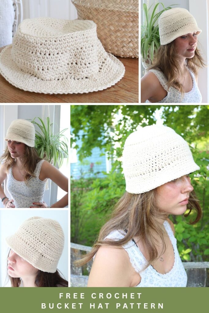 woman wearing cotton crochet bucket hat