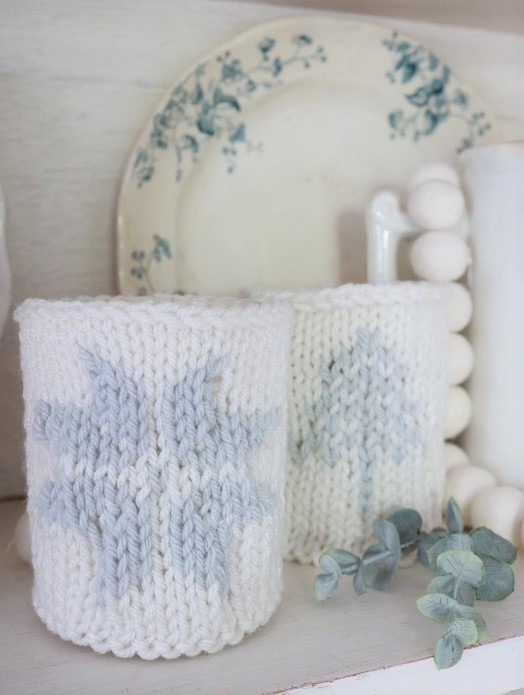 Knit Candle Cozies - cozies on shelf