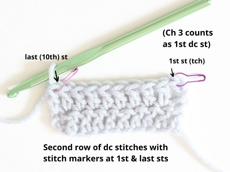 Basic Crochet Stitches - dc st - 10 dc sts made in 2nd row, sm on sts, labeled