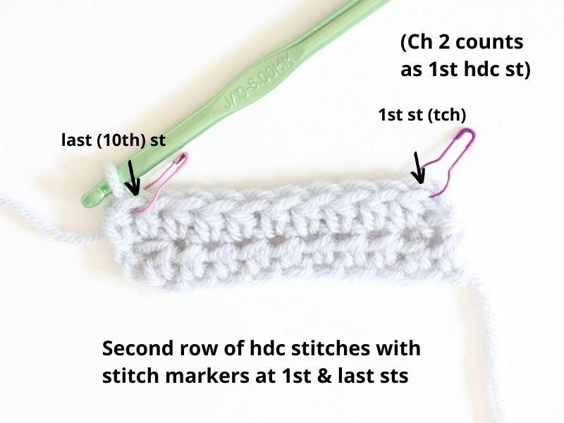 Basic Crochet Stitches - hdc st - 10 hdc sts made in 2nd row, sm on sts, labeled