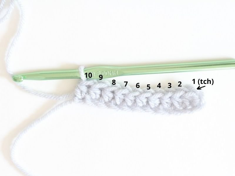 Basic Crochet Stitches - hdc st - 10 hdc sts made, labeled