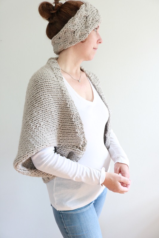 Knit Cable Shrug - wearing with ear warmer, turned view