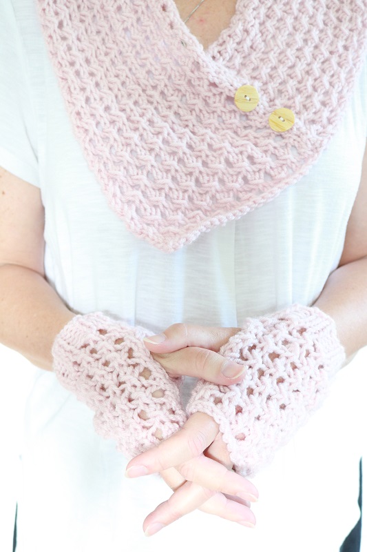 Lace Knit Cowl - wearing cowl and mitts
