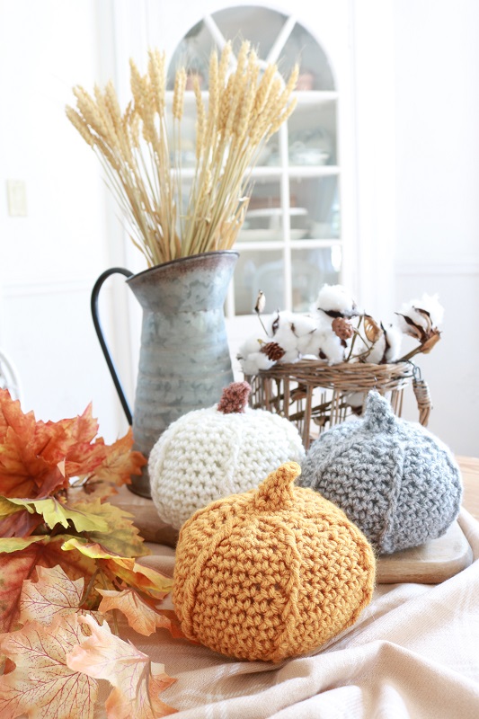 Textured Crochet Pumpkin - table setting, afar