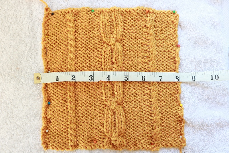 Fall Cable 8 inch Square Knit Pattern - finished square being blocked