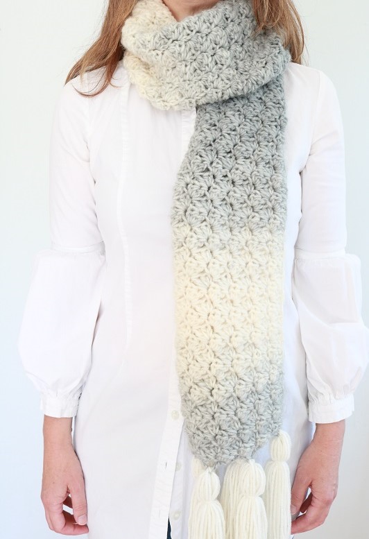 Textured Crochet Scarf - finished, wearing over shoulder