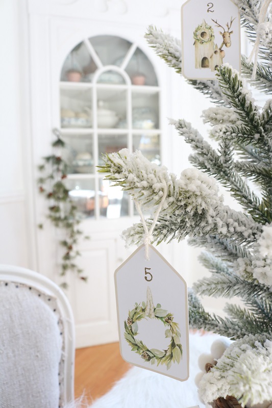Advent Calendar Tags - tags on tree, closeup of wreath