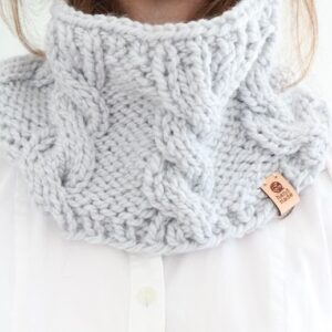 Knit Cable Cowl - wearing cowl, centered