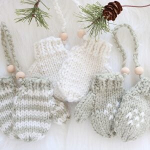 Knit Mittens Ornament - all 3 pairs with greenery, feature