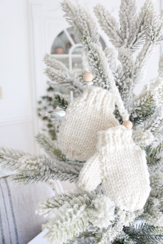Knit Mittens Ornament - solid pair on tree