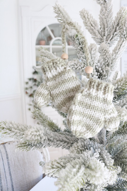 Knit Mittens Ornament - striped pair on tree