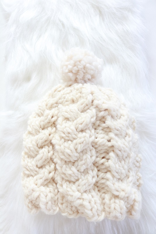 Cream Cable Hat - finished with yarn pom pom