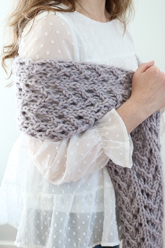 Bulky Lace Scarf - wearing, wrapped around shoulders, closeup