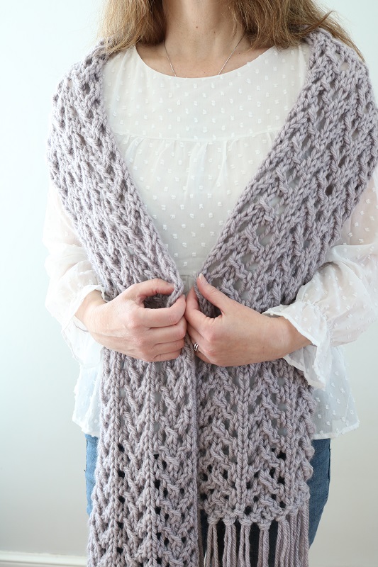 Bulky Lace Scarf - wearing, wrapped around shoulders, front view