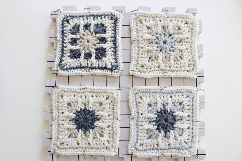 Coastal Granny Squares Crochet Tote Bag - blocking squares