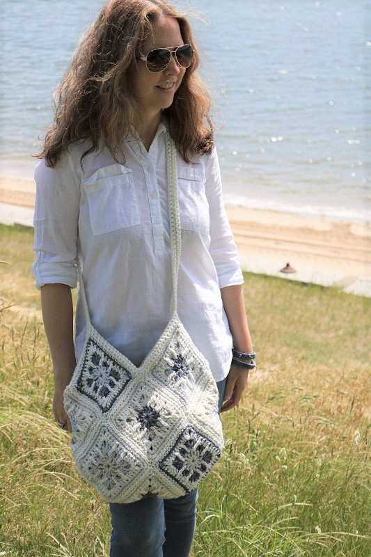 Coastal Granny Squares Crochet Tote Bag - worn outside
