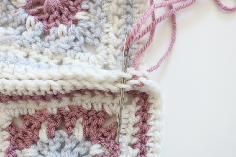 How to Join Granny Squares - insert needle third time, contrasting color
