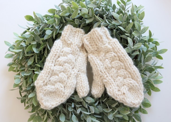Knit Cable Mittens -finished mittens on wreath