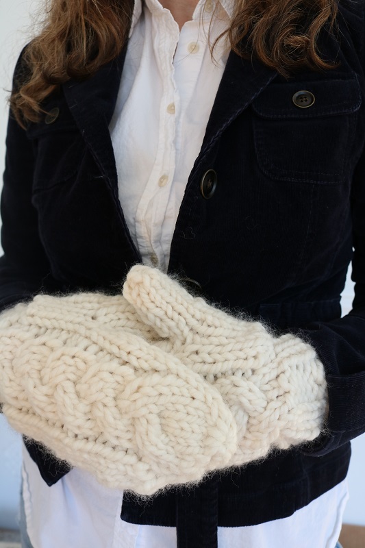 Knit Cable Mittens -wearing afar, sideways