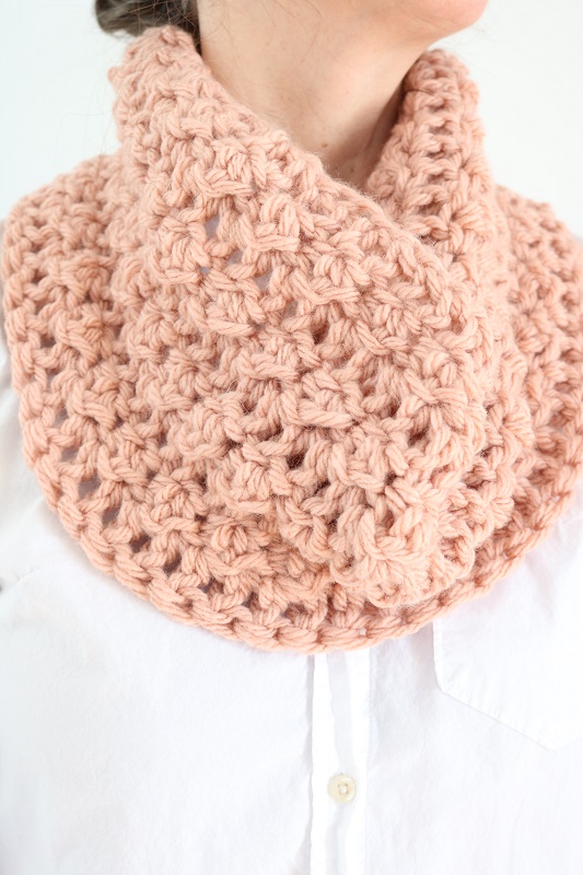 Rose Garden Bulky Crochet Cowl - wearing, hair up