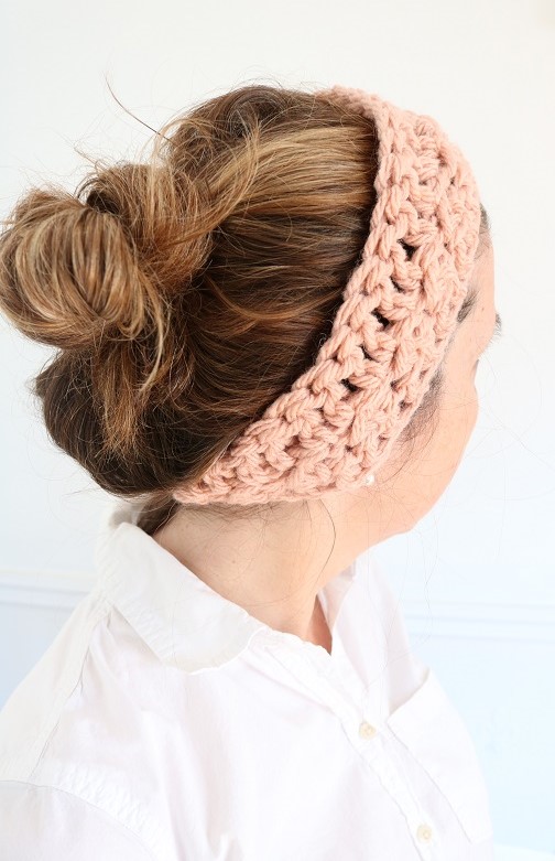 Rose Garden Bulky Crochet Ear Warmer - wearing, hair up, side view