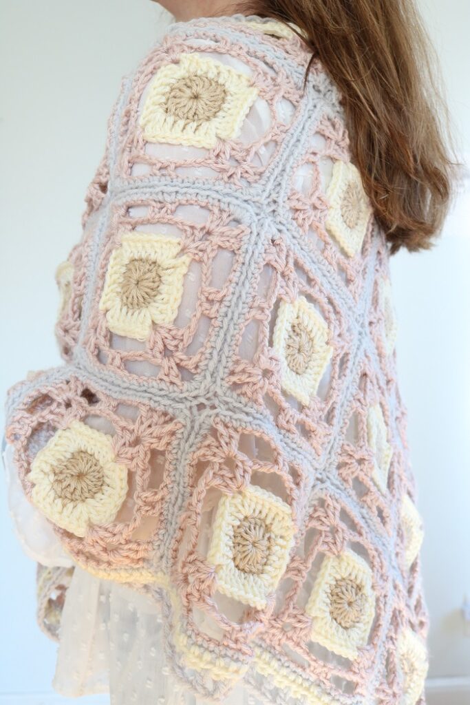 Spring Crochet Shawl Pattern - wearing, back view closeup