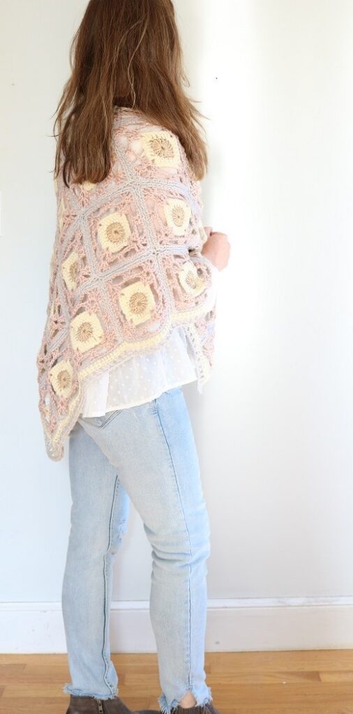 Spring Crochet Shawl Pattern - wearing, back view, full