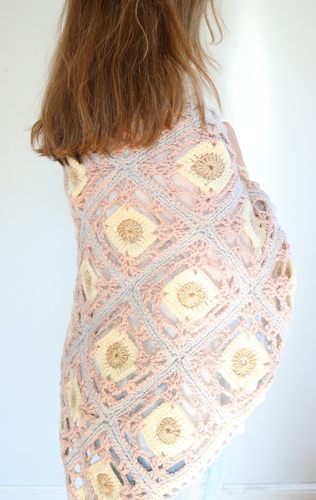 Spring Crochet Shawl Pattern - wearing, back view