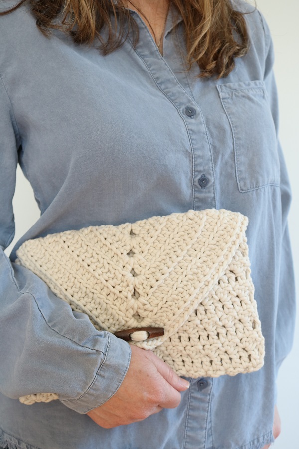 Ipswich Crochet Clutch Pattern holding underneath bag side 2