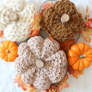 knit pumpkins displayed with real pumpkins