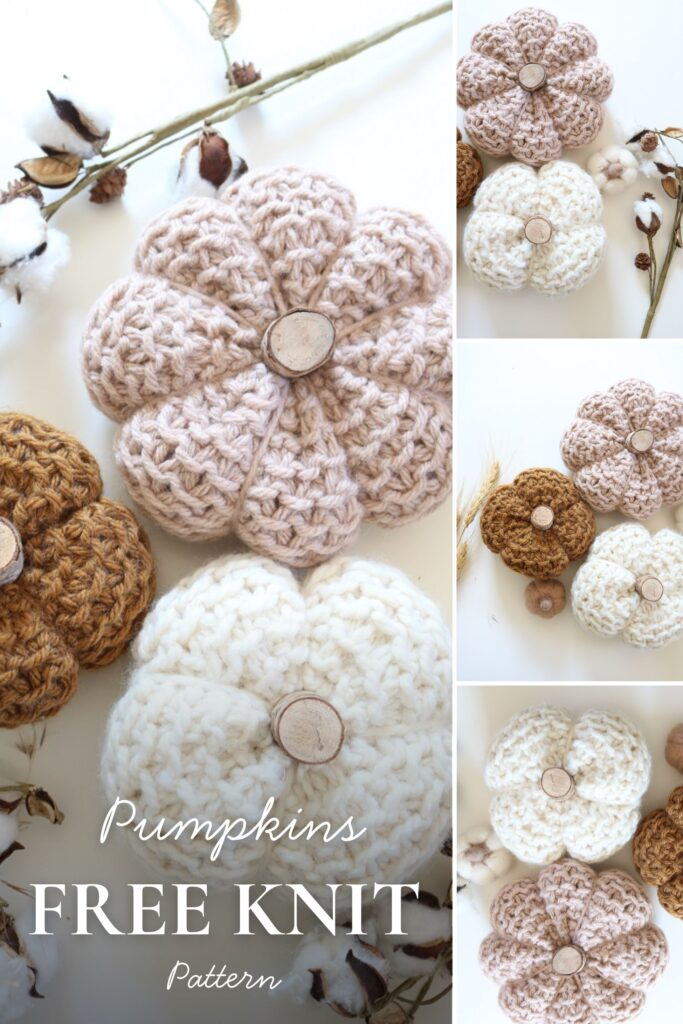 knit pumpkins displayed on table