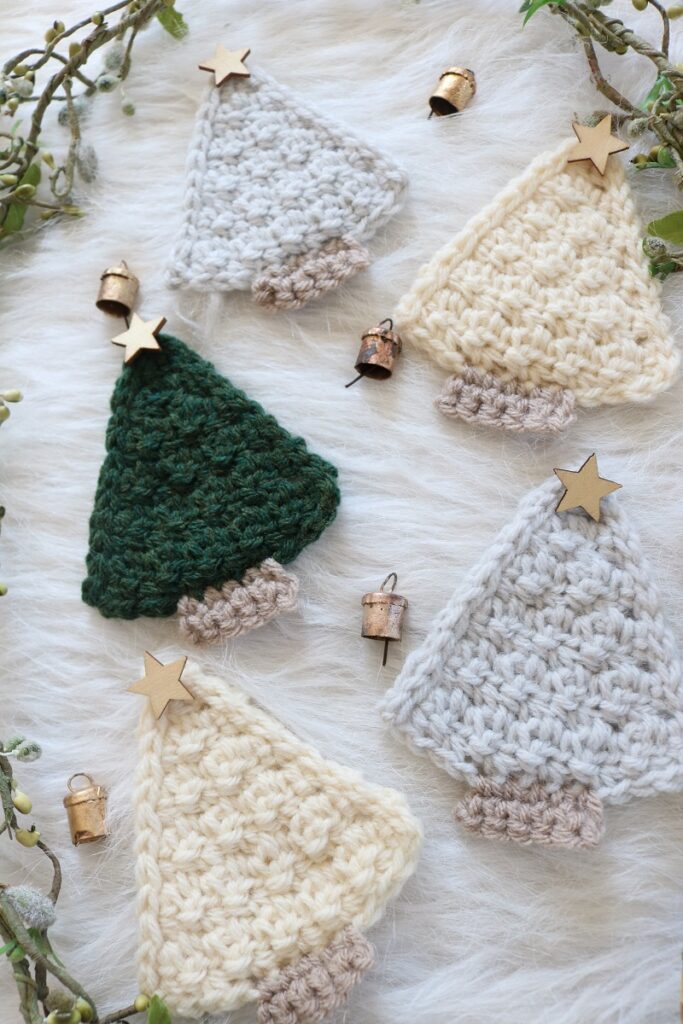 group of crochet christmas tree ornaments