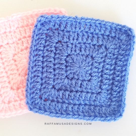 two solid colored crochet granny squares
