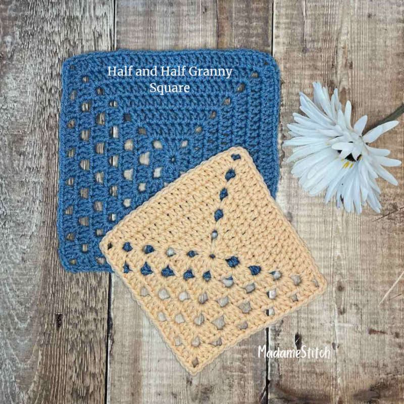 2 CROCHET granny squares on table with flower