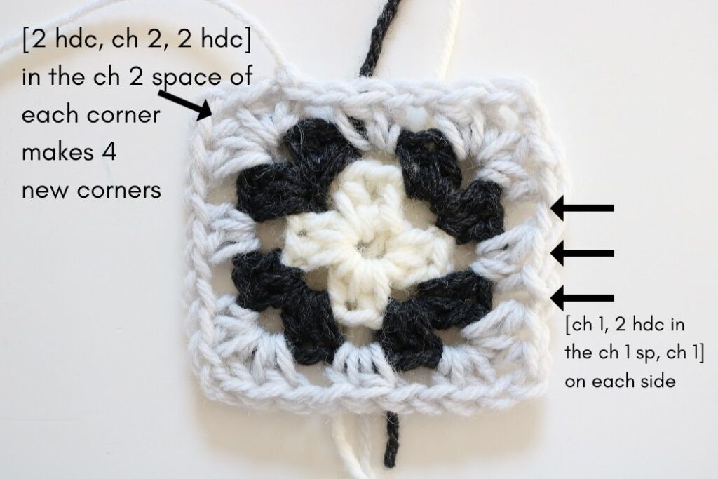 Square Crochet Pattern - after Round 3, labels