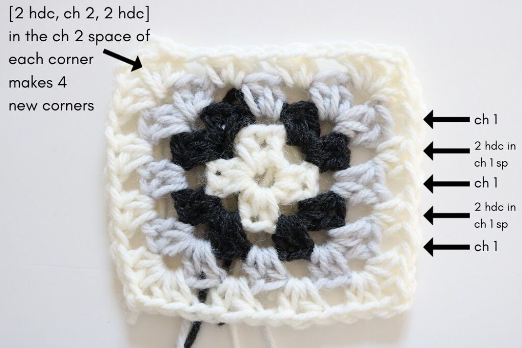 Square Crochet Pattern - after Round 4, labels