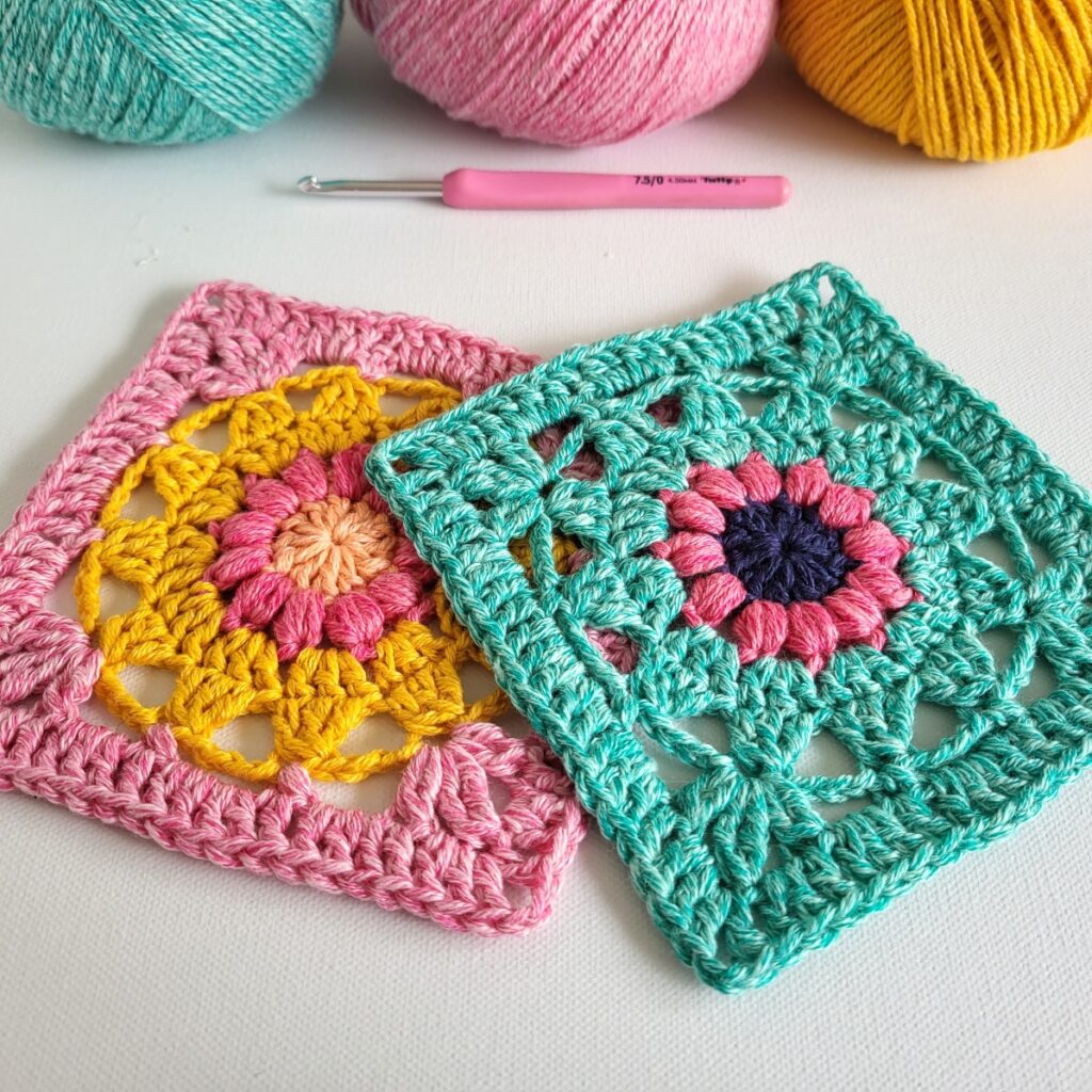 flower crochet squares on table