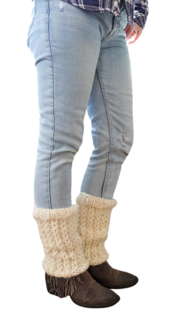 Knit Leg Warmers - wearing with jeans 1, no background