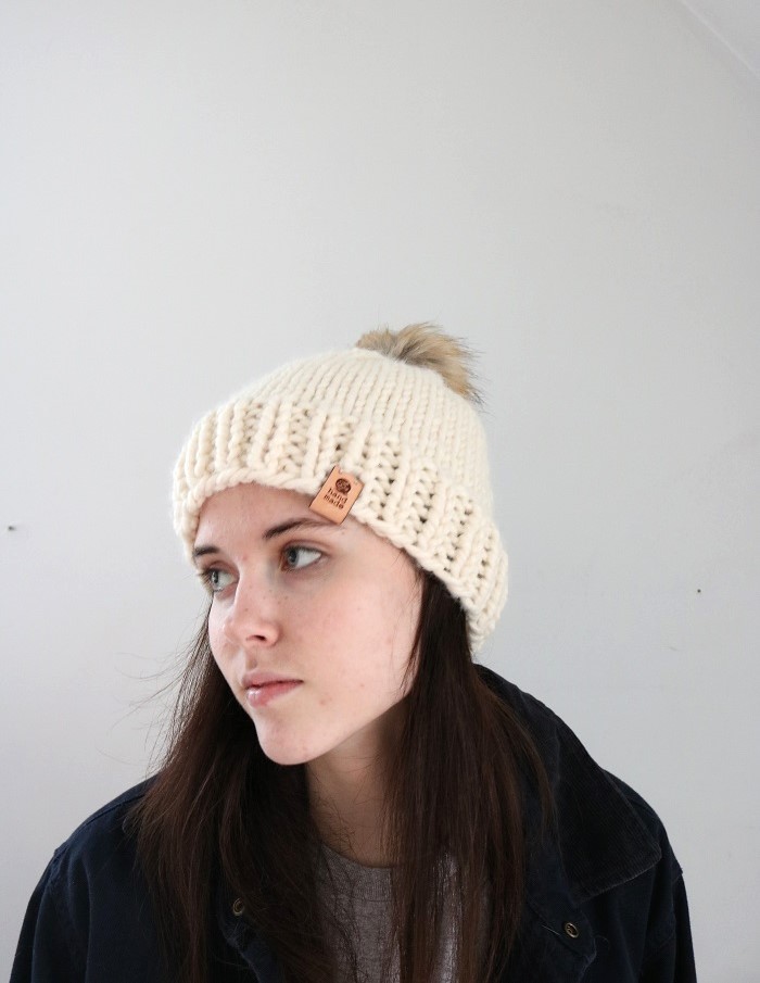 Knit Beginner Hat Pattern - wearing hat 1