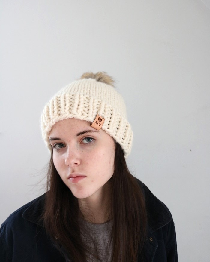 Knit Beginner Hat Pattern - wearing hat 3