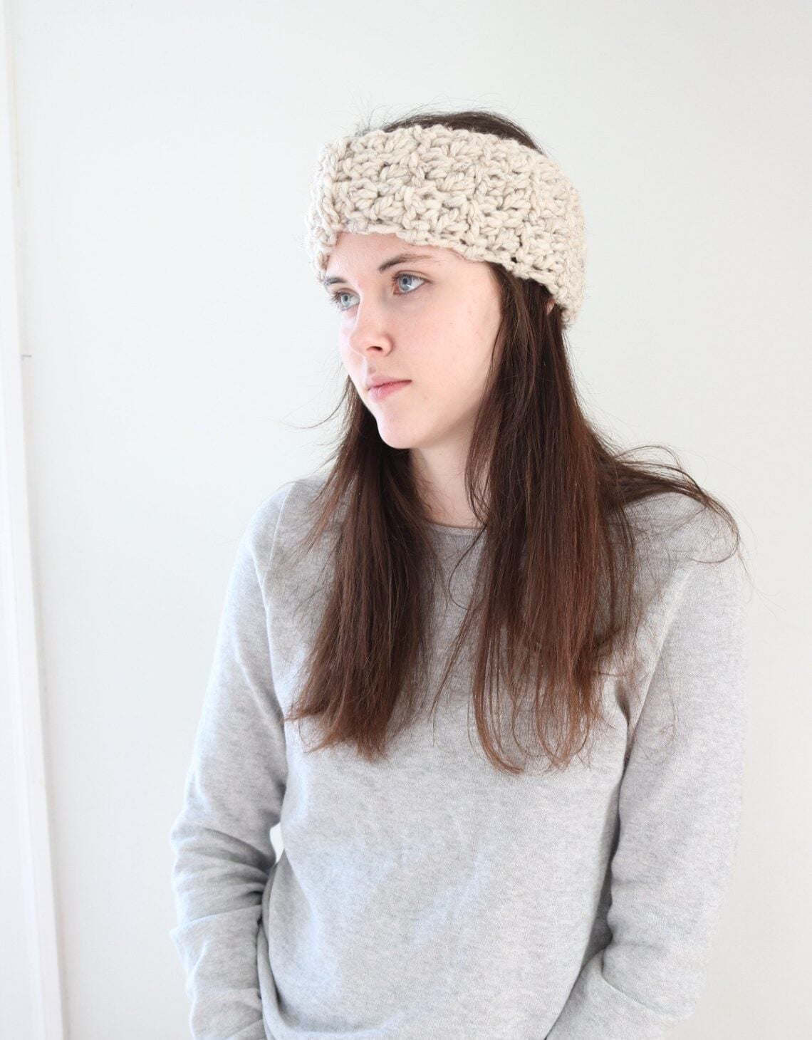 woman wearing crochet headband