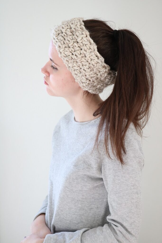 Crochet Headband Pattern - wearing wide with ponytail