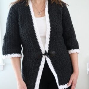 woman wearing retro style crochet cardigan